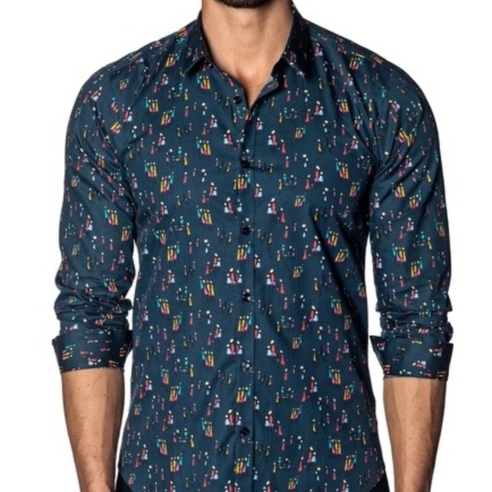 Jared Lang Mens Navy Blue Abstract People Print Cotton Short Sleeve Shirt M